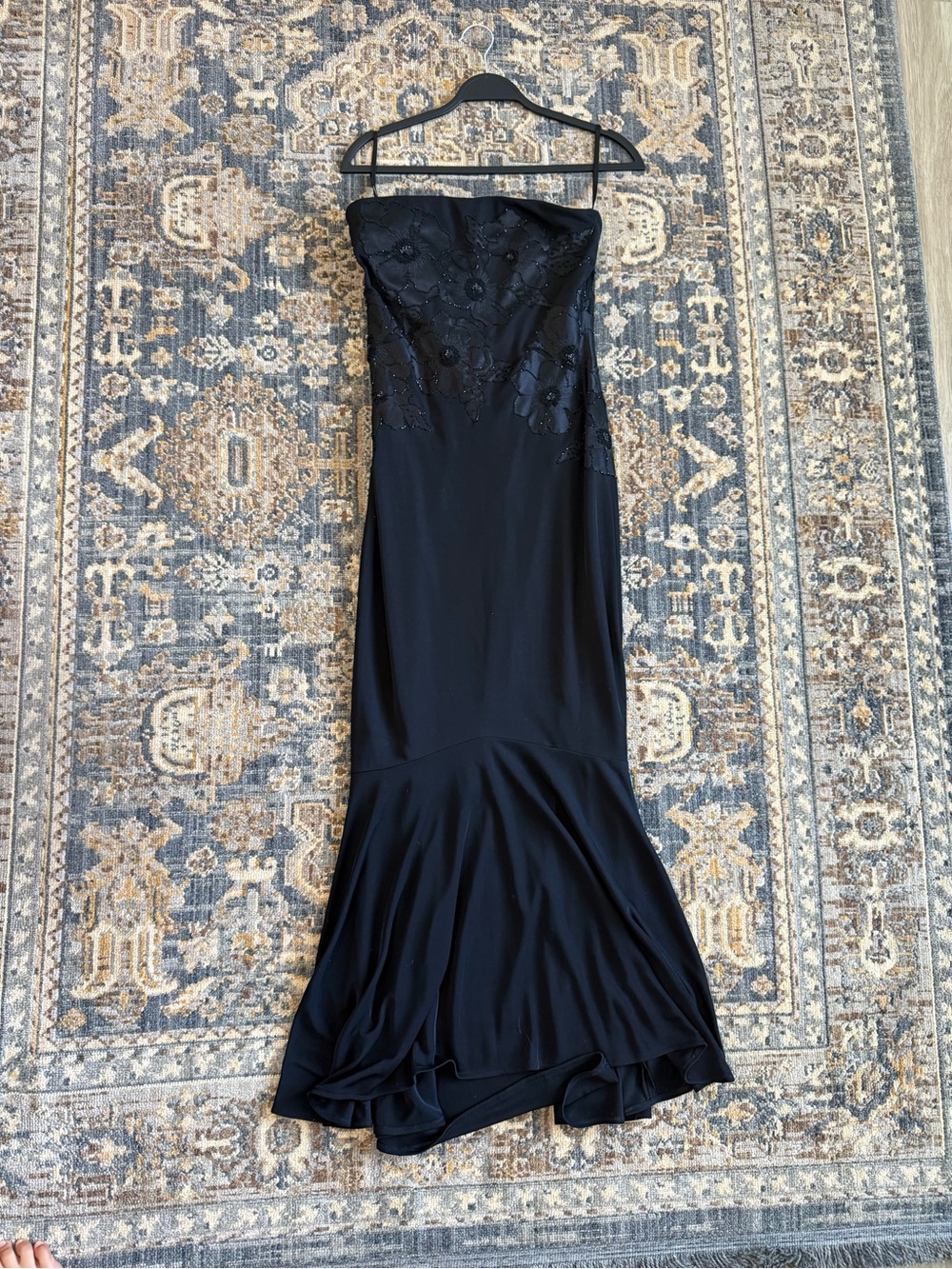 RIMINI Strapless Black Evening Gown with Floral Embellishment